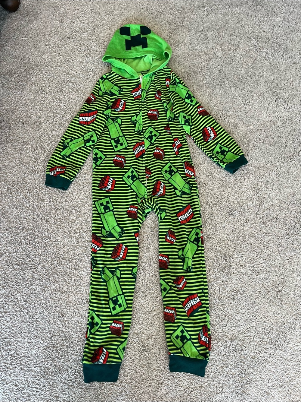 Kids Green Minecraft-Inspired Hooded One-Piece Pajamas